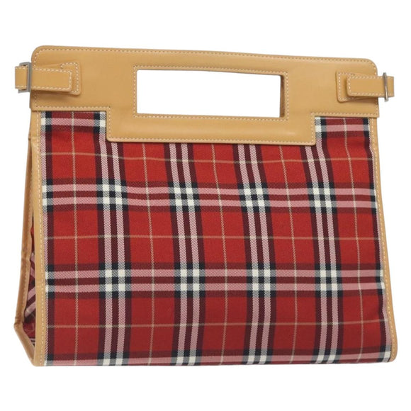 BURBERRY Nova Check Blue Label Hand Bag Nylon Leather Red Silver Auth 130950