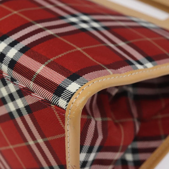 BURBERRY Nova Check Blue Label Hand Bag Nylon Leather Red Silver Auth 130950