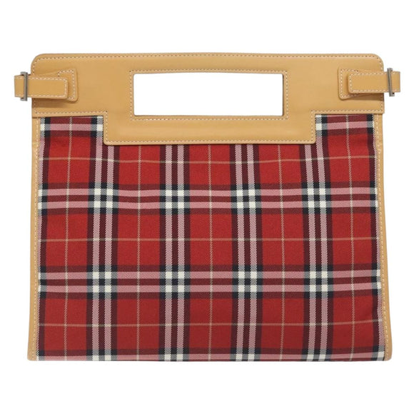 BURBERRY Nova Check Blue Label Hand Bag Nylon Leather Red Silver Auth 130950