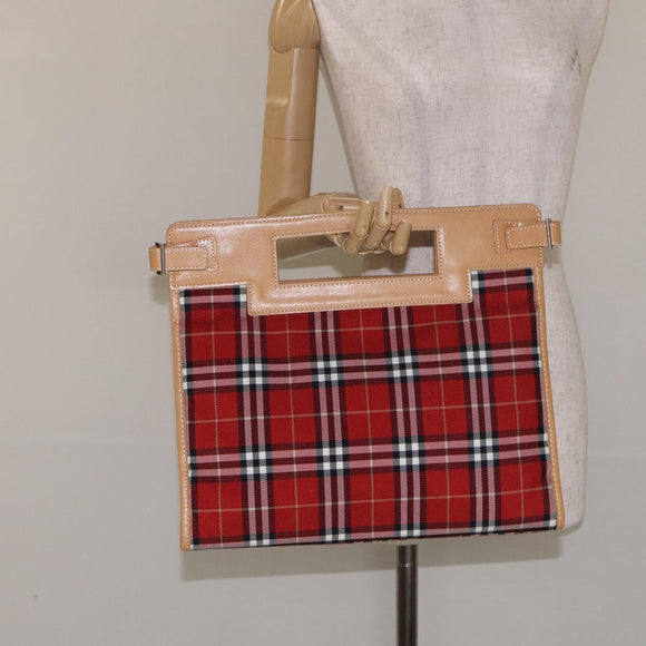 BURBERRY Nova Check Blue Label Hand Bag Nylon Leather Red Silver Auth 130950