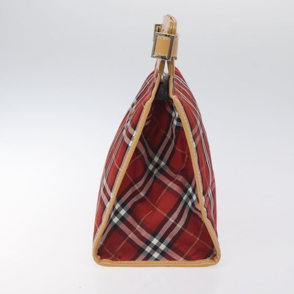 BURBERRY Nova Check Blue Label Hand Bag Nylon Leather Red Silver Auth 130950