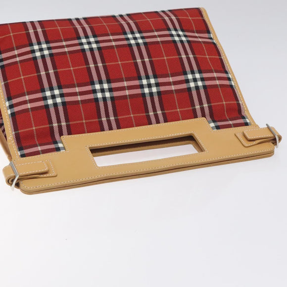 BURBERRY Nova Check Blue Label Hand Bag Nylon Leather Red Silver Auth 130950