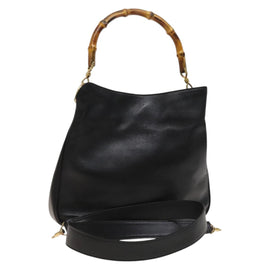 GUCCI Bamboo Hand Bag Leather 2way Black Gold 001 1638 Auth 130957