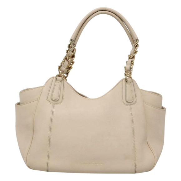 Salvatore Ferragamo Chain Tote Bag Leather Ivory Gold Auth 130960