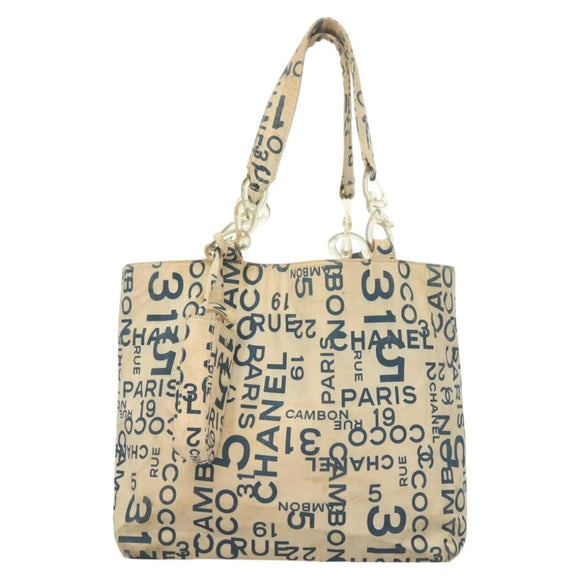 CHANEL Chain Bysy Line Tote Bag Canvas Plastic White clear CC Auth 130966