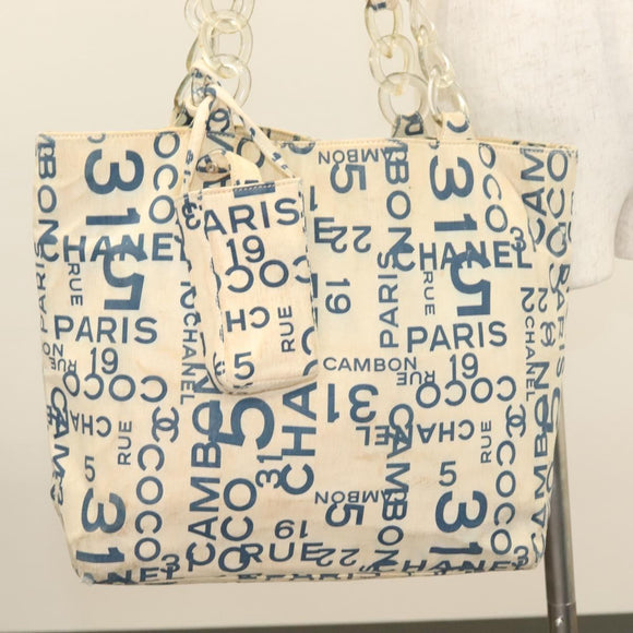 CHANEL Chain Bysy Line Tote Bag Canvas Plastic White clear CC Auth 130966