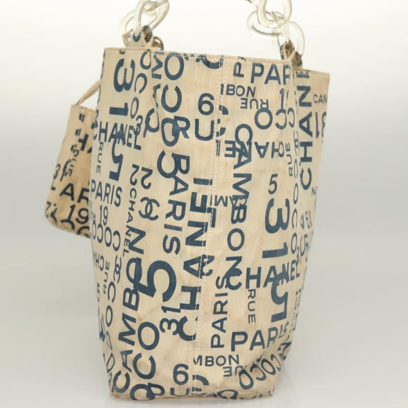 CHANEL Chain Bysy Line Tote Bag Canvas Plastic White clear CC Auth 130966