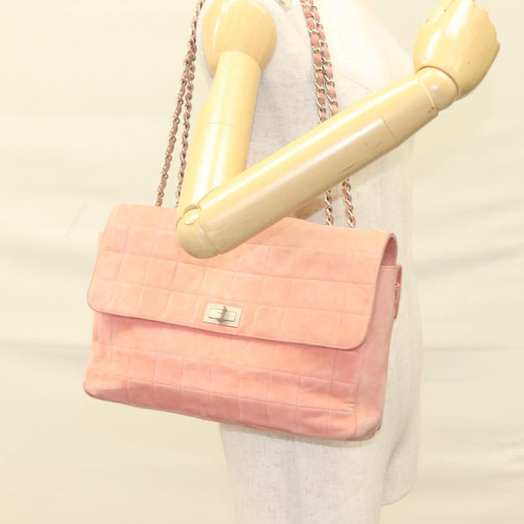 CHANEL Choco Bar Chain Shoulder Bag Suede Pink CC Auth 130967