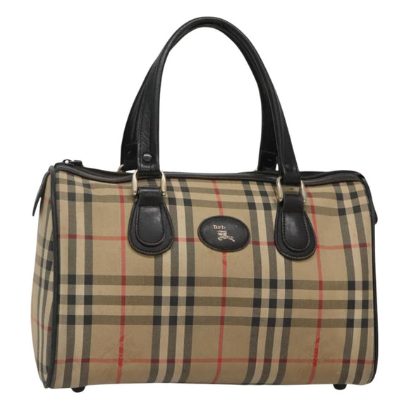 Burberrys Nova Check Boston Bag Canvas Beige Gold Auth 130974