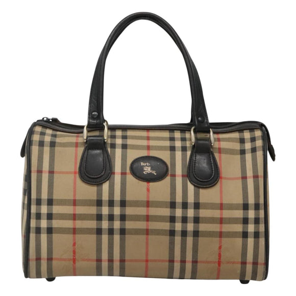 Burberrys Nova Check Boston Bag Canvas Beige Gold Auth 130974