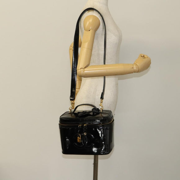 CHANEL Vanity Hand Bag Enamel 2way Black Gold CC Auth 130982