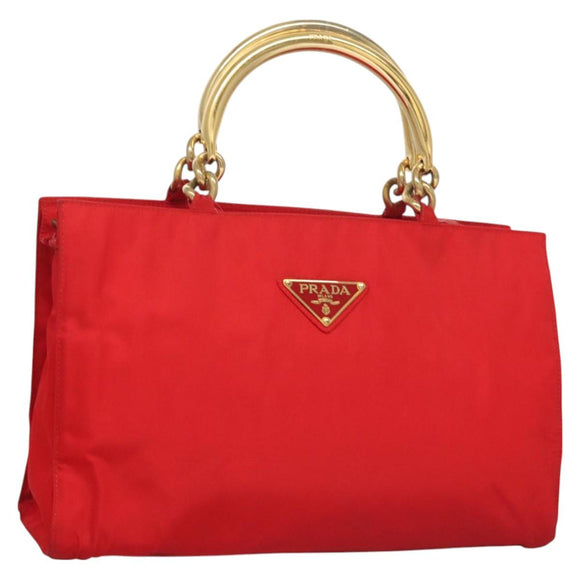 PRADA Hand Bag nylon metal Red Gold Auth 130992