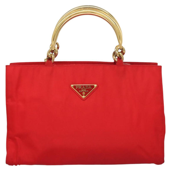 PRADA Hand Bag nylon metal Red Gold Auth 130992