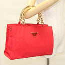 PRADA Hand Bag nylon metal Red Gold Auth 130992-23
