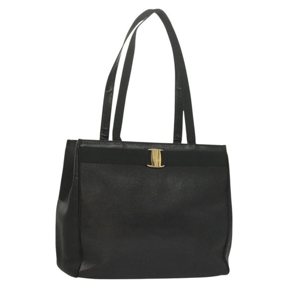 Salvatore Ferragamo Vala Tote Bag Leather Black Gold Auth 131008