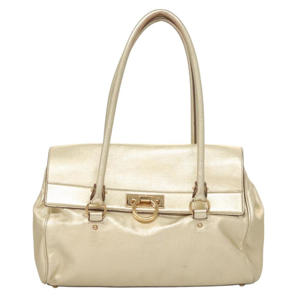 Salvatore Ferragamo Gancini Tote Bag Leather Gold Tone Gold Auth 131050