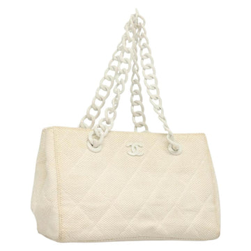CHANEL Matelasse Chain Shoulder Bag Straw White CC Auth 131080