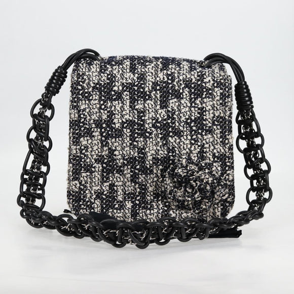 CHANEL Chain Shoulder Bag Tweed Black Silver CC Auth 131083SM