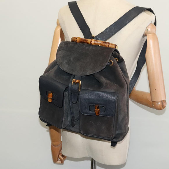 GUCCI Bamboo Backpack Suede Black Gold 003 2058 0016 Auth 131139