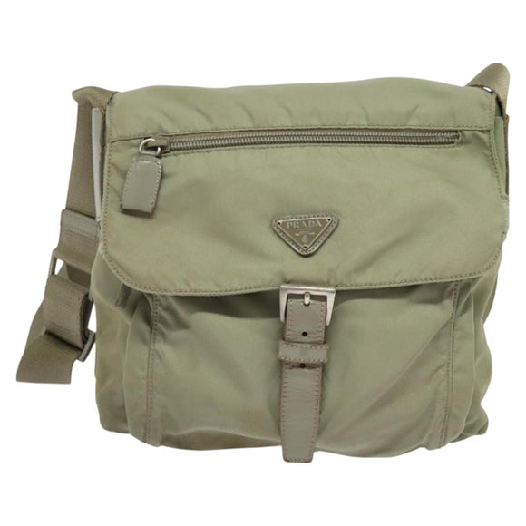 PRADA Shoulder Bag Nylon Khaki Silver Auth 131164