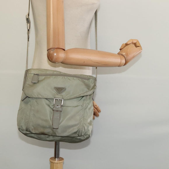 PRADA Shoulder Bag Nylon Khaki Silver Auth 131164