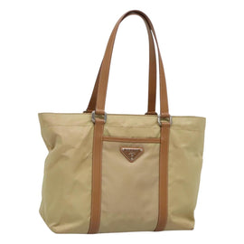 PRADA Tote Bag Nylon Beige Silver Auth 131176