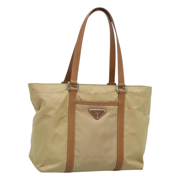 PRADA Tote Bag Nylon Beige Silver Auth 131176