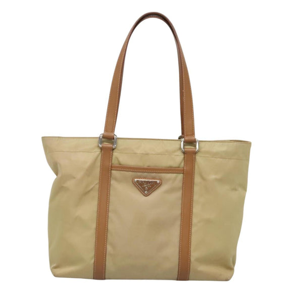 PRADA Tote Bag Nylon Beige Silver Auth 131176