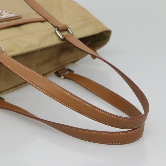PRADA Tote Bag Nylon Beige Silver Auth 131176