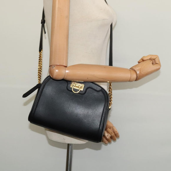 Salvatore Ferragamo Gancini Chain Shoulder Bag Leather Black Gold Auth 131182