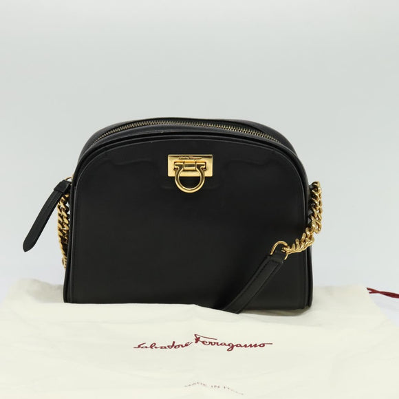 Salvatore Ferragamo Gancini Chain Shoulder Bag Leather Black Gold Auth 131182