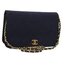 CHANEL Matelasse Chain Shoulder Bag cotton Navy Gold CC Auth 131348-1