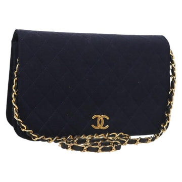 CHANEL Matelasse Chain Shoulder Bag cotton Navy Gold CC Auth 131348