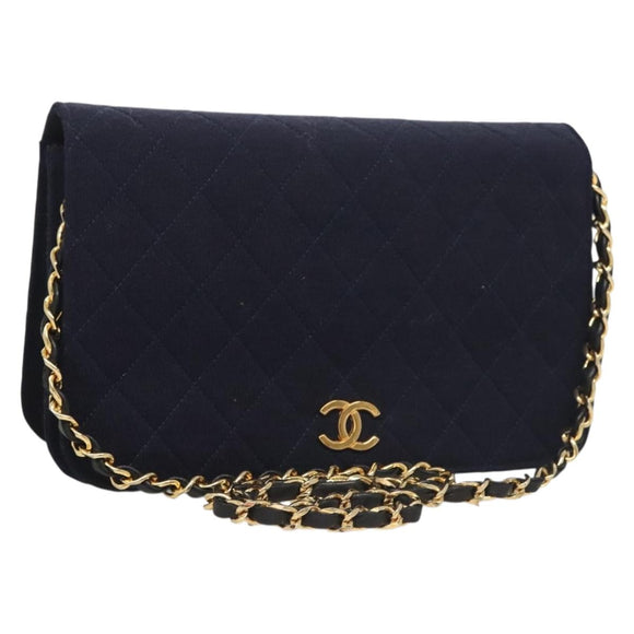 CHANEL Matelasse Chain Shoulder Bag cotton Navy Gold CC Auth 131348