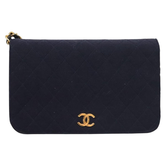 CHANEL Matelasse Chain Shoulder Bag cotton Navy Gold CC Auth 131348