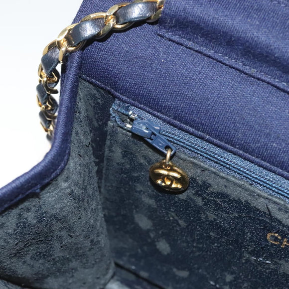 CHANEL Matelasse Chain Shoulder Bag cotton Navy Gold CC Auth 131348