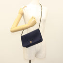 CHANEL Matelasse Chain Shoulder Bag cotton Navy Gold CC Auth 131348-26
