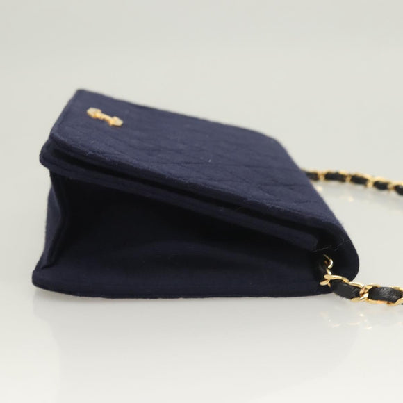CHANEL Matelasse Chain Shoulder Bag cotton Navy Gold CC Auth 131348