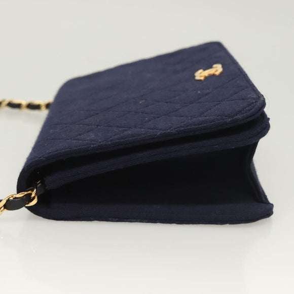 CHANEL Matelasse Chain Shoulder Bag cotton Navy Gold CC Auth 131348