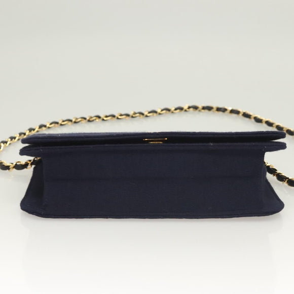 CHANEL Matelasse Chain Shoulder Bag cotton Navy Gold CC Auth 131348