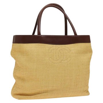 CHANEL Tote Bag Raffia Leather Beige Brown gold CC Auth 131352