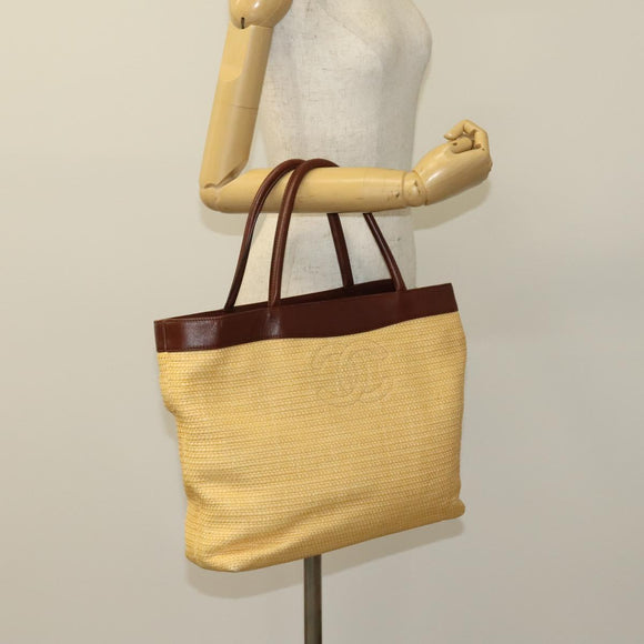 CHANEL Tote Bag Raffia Leather Beige Brown gold CC Auth 131352