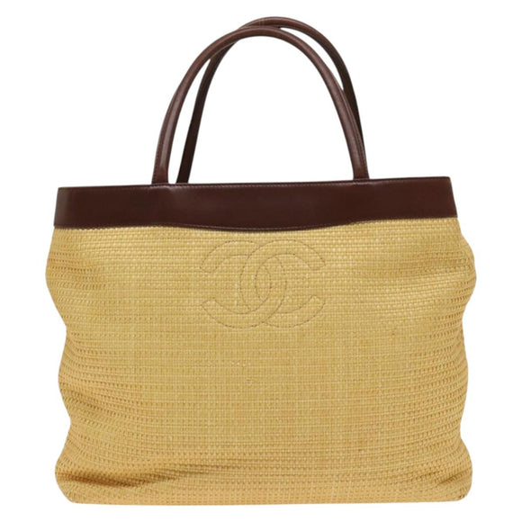 CHANEL Tote Bag Raffia Leather Beige Brown gold CC Auth 131352