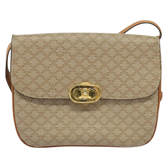CELINE Macadam Canvas Shoulder Bag PVC Beige Gold Auth 131354