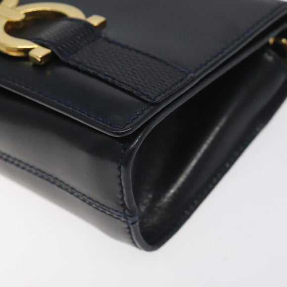 Salvatore Ferragamo Gancini Chain Shoulder Bag Leather Navy Gold Auth 131360