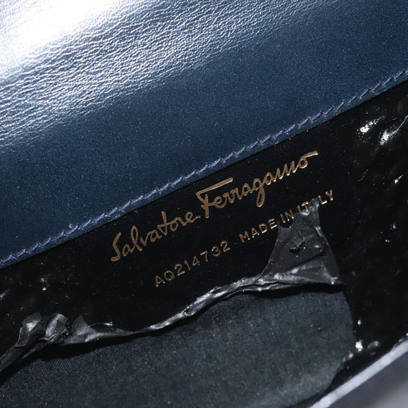 Salvatore Ferragamo Gancini Chain Shoulder Bag Leather Navy Gold Auth 131360