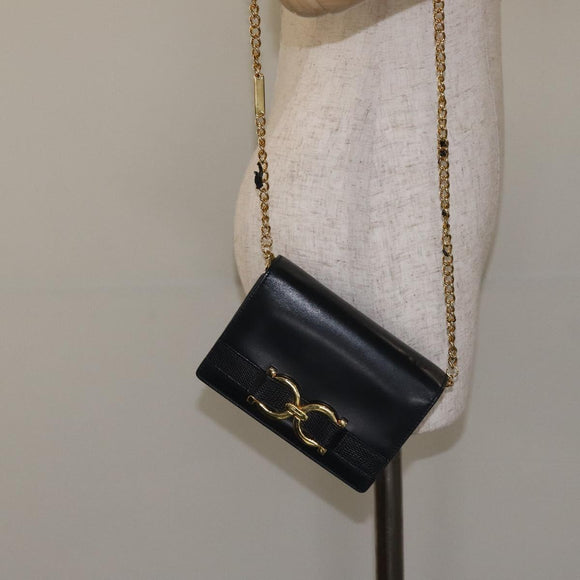 Salvatore Ferragamo Gancini Chain Shoulder Bag Leather Navy Gold Auth 131360