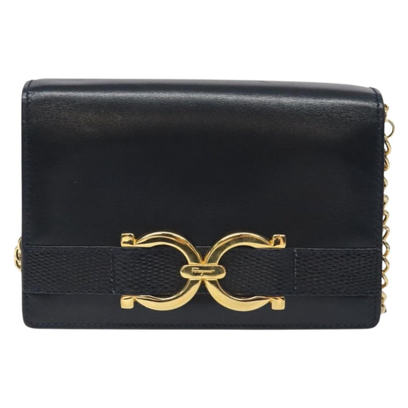 Salvatore Ferragamo Gancini Chain Shoulder Bag Leather Navy Gold Auth 131360