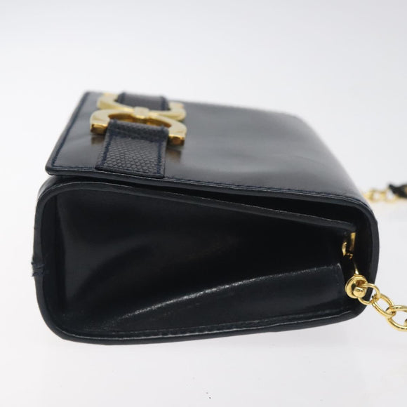 Salvatore Ferragamo Gancini Chain Shoulder Bag Leather Navy Gold Auth 131360