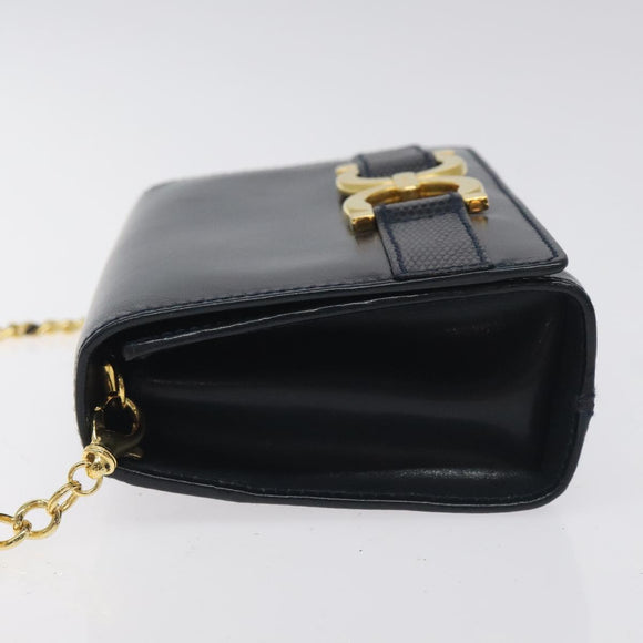 Salvatore Ferragamo Gancini Chain Shoulder Bag Leather Navy Gold Auth 131360